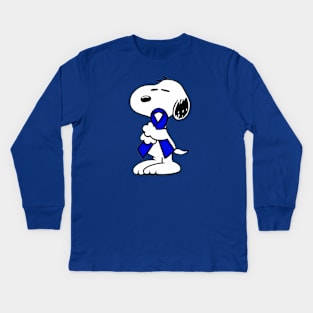 Dog Hugging an Awareness Ribbon (Dark Blue) Kids Long Sleeve T-Shirt